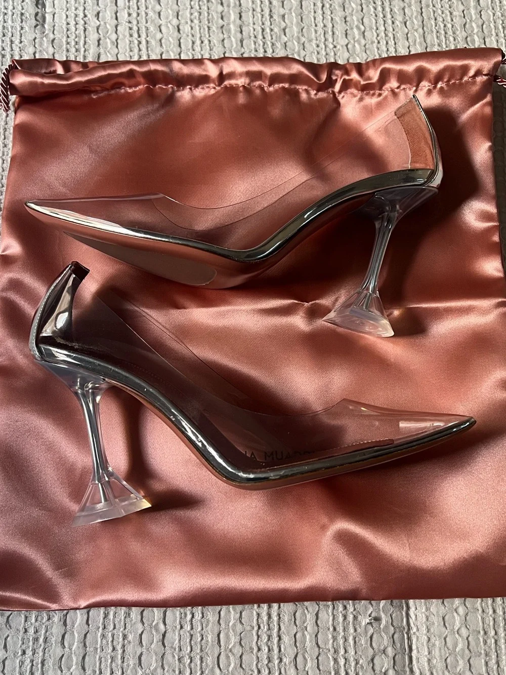 Amina Muaddi Clear PVC Pointed Toe heel with Rust Insole